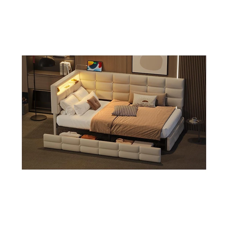 Streamdale Furniture Upholstered Twin Daybed with Storage, Led Lights & Charging