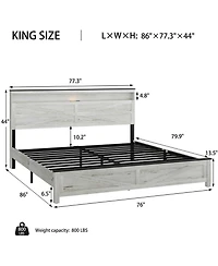 Streamdale Furniture King White Bed- Wood Headboard & Hidden Storage (No Box Spring)