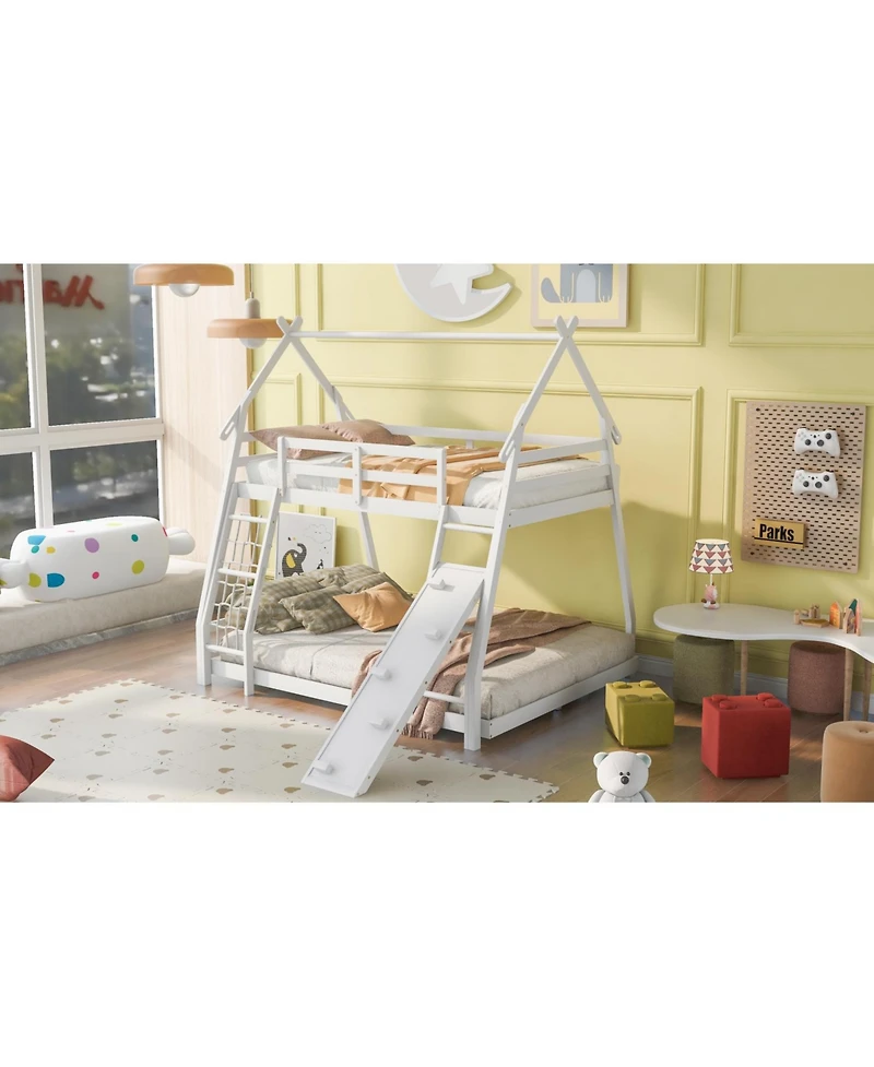 Streamdale Furniture Twin over Queen House Bunk Bed with Climbing Nets and Climbing Ramp, White