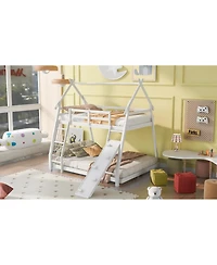 Streamdale Furniture Twin over Queen House Bunk Bed with Climbing Nets and Climbing Ramp, White