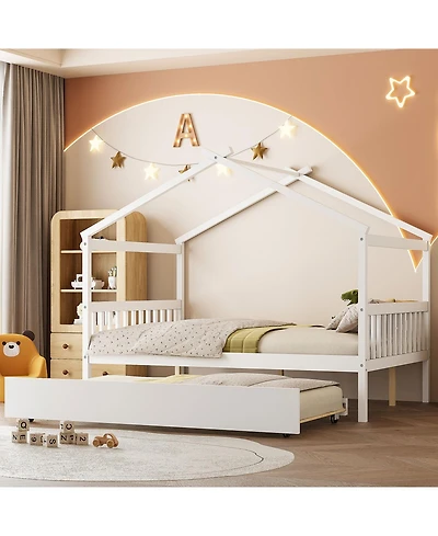 Streamdale Furniture Full Size Wooden House Bed with Twin Size Trundle, White