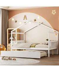 Streamdale Furniture Full Size Wooden House Bed with Twin Size Trundle, White
