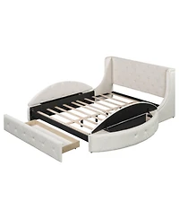 Streamdale Furniture Queen Upholstered Platform Bed w/ Wingback, Drawer & Stools