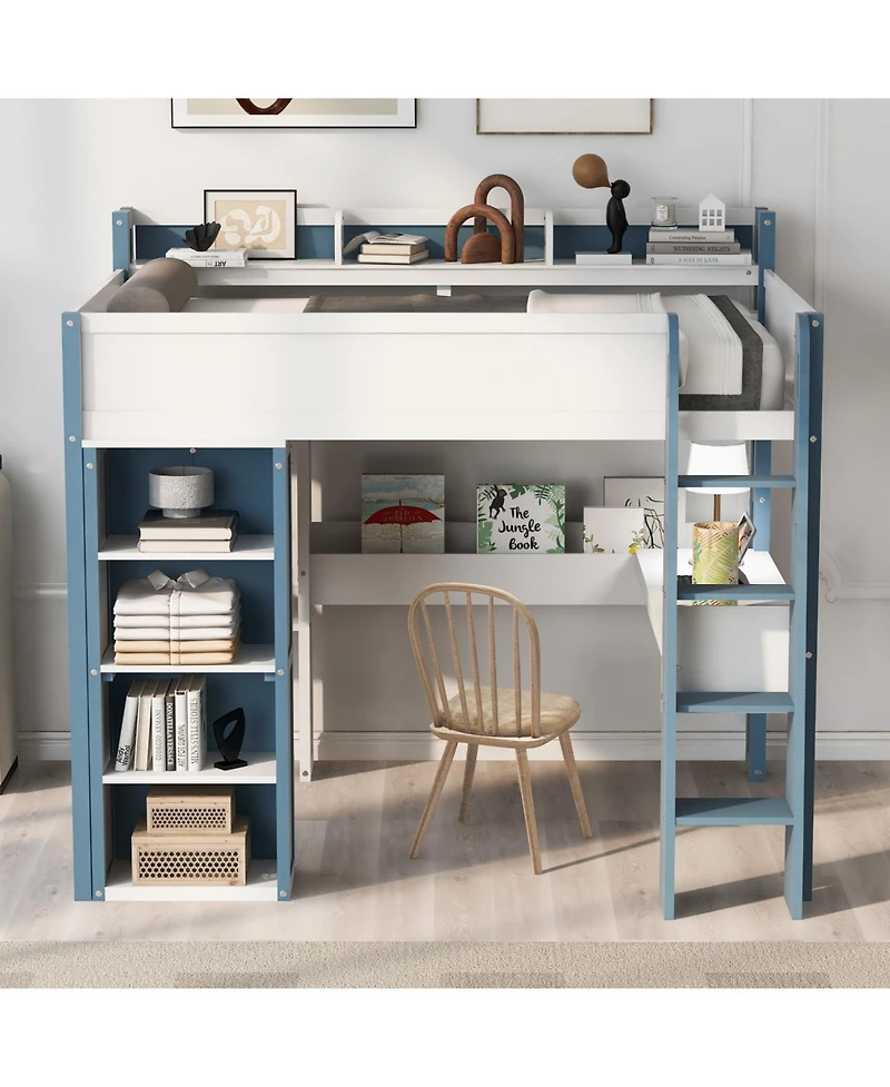 Streamdale Furniture Wood Loft Bed w/ Storage, Shelves, Desk, Rails - White/Blue