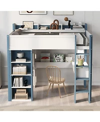 Streamdale Furniture Wood Loft Bed w/ Storage, Shelves, Desk, Rails - White/Blue
