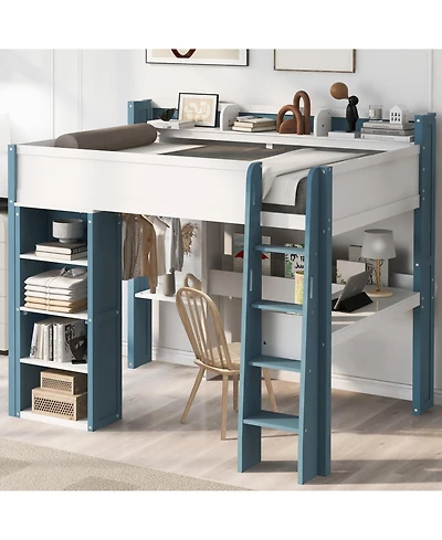 Streamdale Furniture Wood Loft Bed w/ Storage, Shelves, Desk, Rails - White/Blue