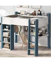 Streamdale Furniture Wood Loft Bed w/ Storage, Shelves, Desk, Rails - White/Blue
