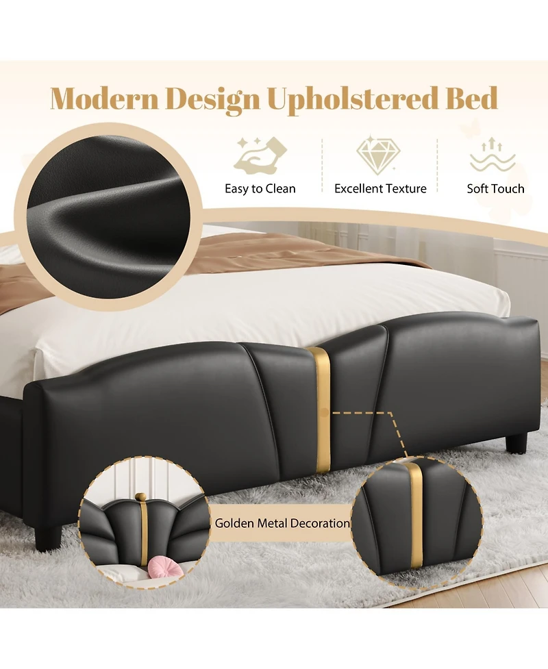 Streamdale Furniture Queen Upholstered Bed Frame, Butterfly Headboard, Gold Accents