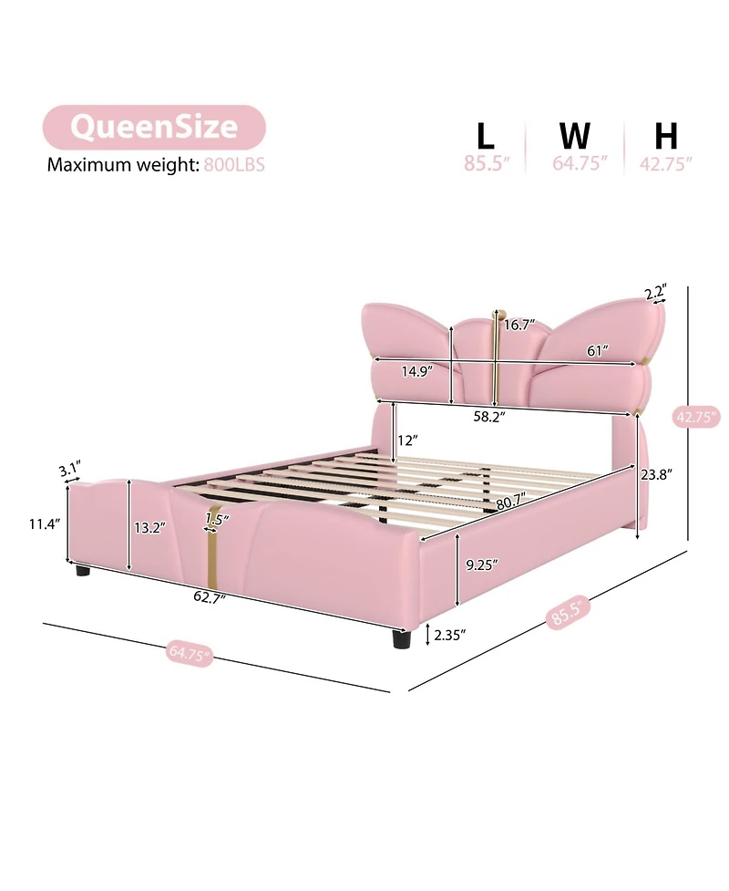 Streamdale Furniture Queen Upholstered Bed Frame, Butterfly Headboard, Gold Accents