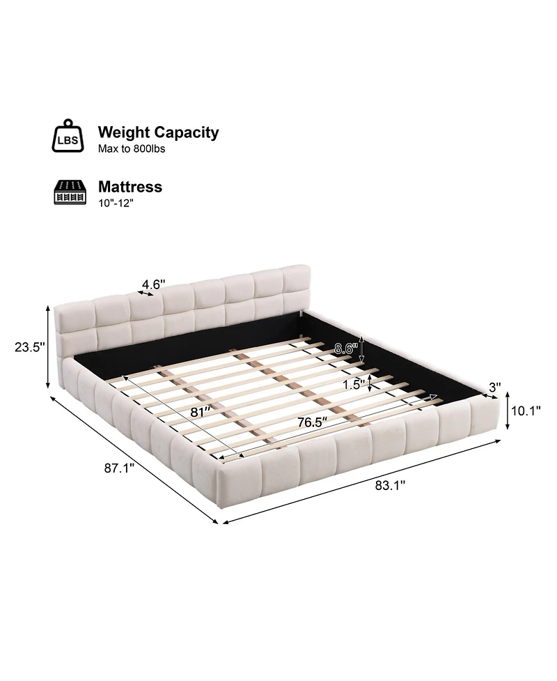 Streamdale Furniture Elegant Beige Chenille Upholstered Bed with Checkerboard Design, King, Beige
