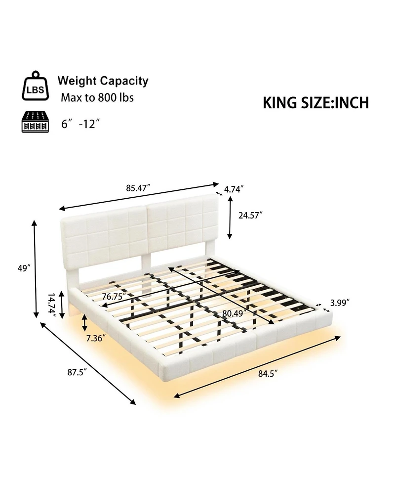 Streamdale Furniture White Boucle Floating Bed with Light,King