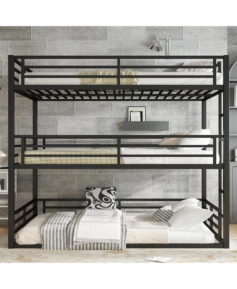 Streamdale Furniture Queen Triple Bunk Bed, Metal, Heavy-Duty, Black
