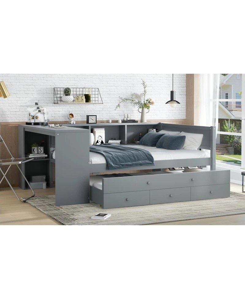 Streamdale Furniture Gray Daybed with Trundle, Storage, Desk & Shelves