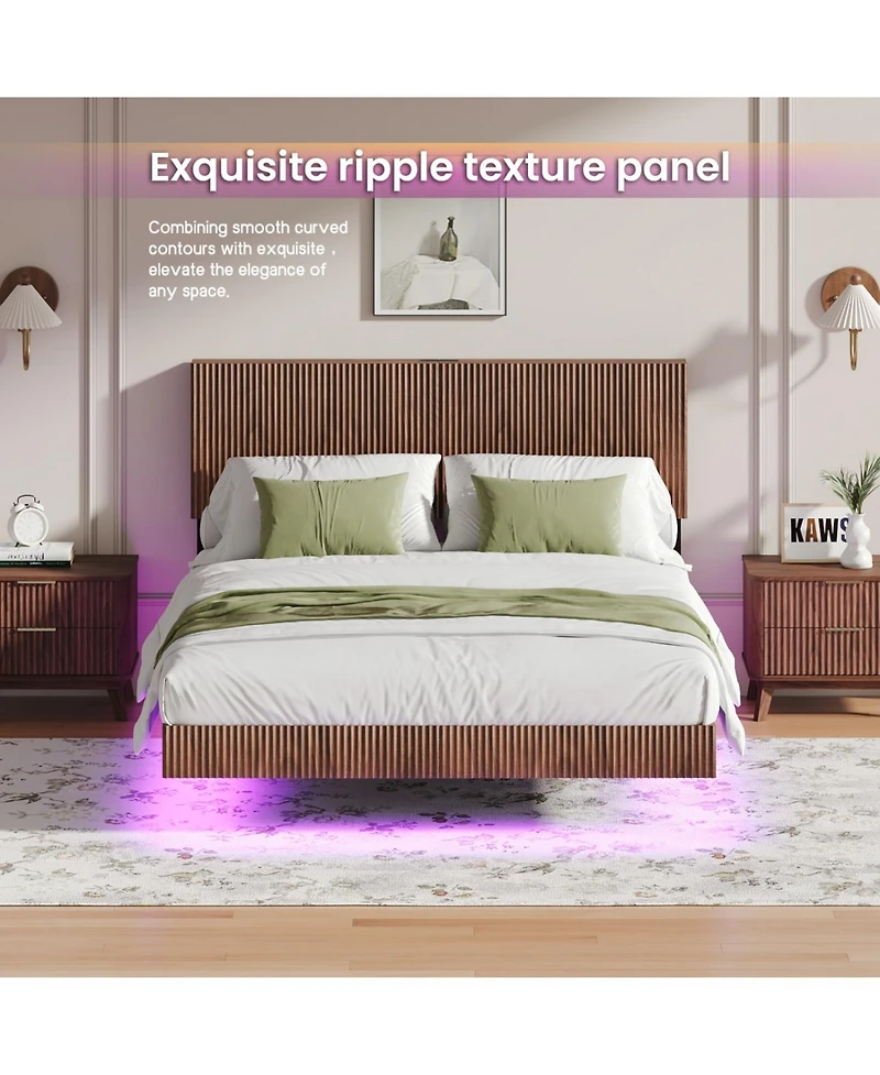 Streamdale Furniture Walnut Queen Bed with Charging, Led, Wavy Headboard - No Box Spring