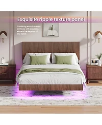 Streamdale Furniture Walnut Queen Bed with Charging, Led, Wavy Headboard - No Box Spring