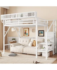 Streamdale Furniture Twin Metal Loft Bed with Stairs, Shelves & Wardrobe
