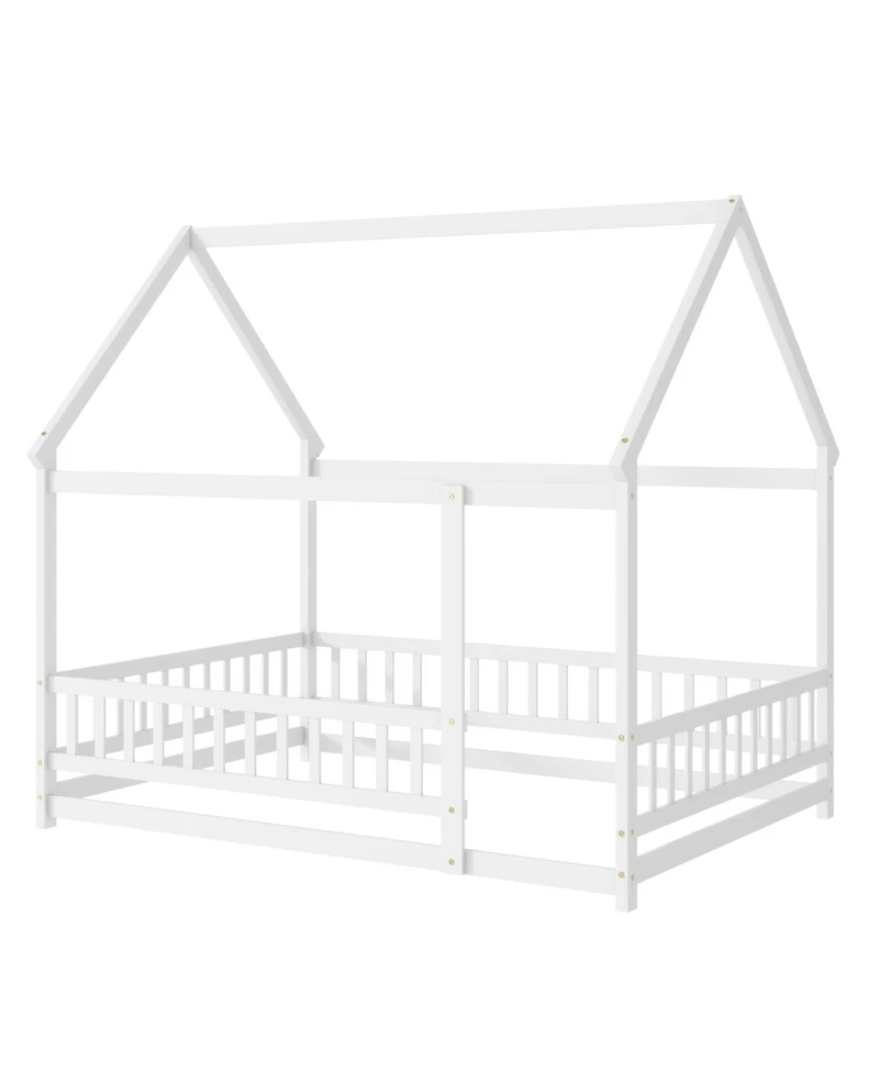Streamdale Furniture Full Size House Floor Wooden Bed with Roof Frame, Safety Guardrails