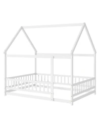 Streamdale Furniture Full Size House Floor Wooden Bed with Roof Frame, Safety Guardrails
