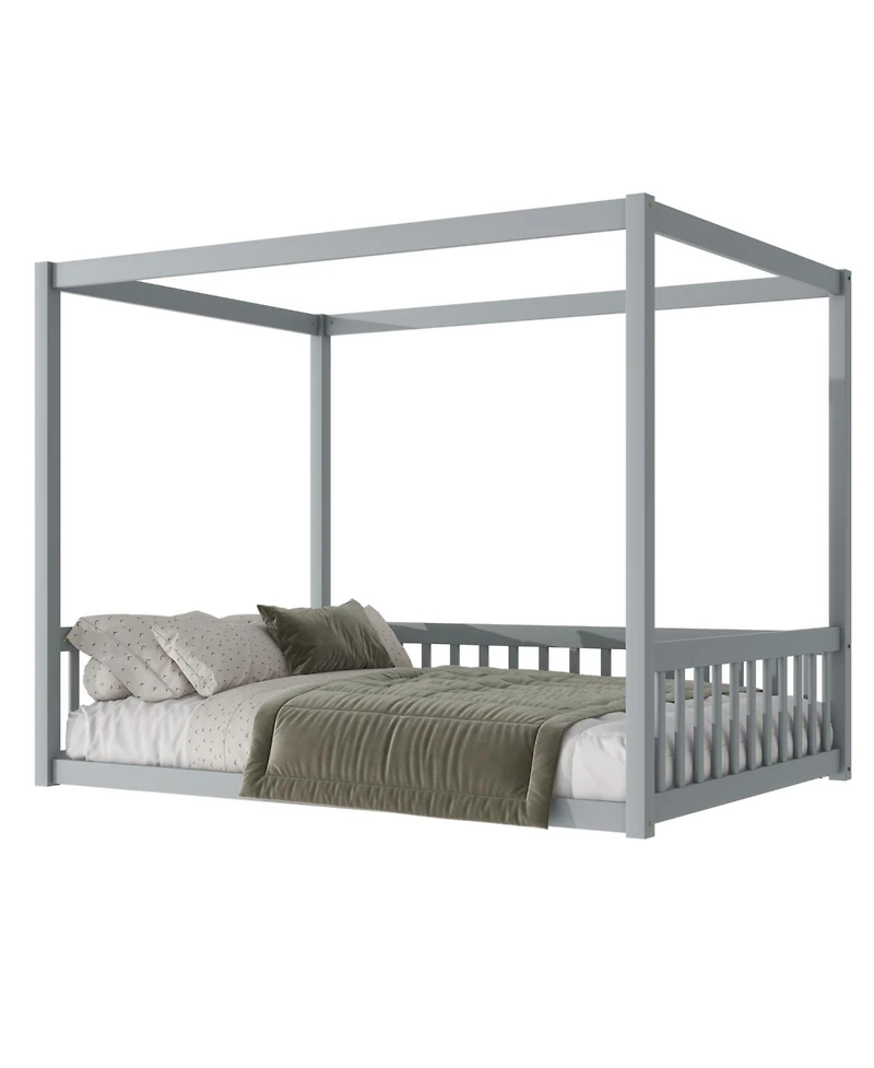 Streamdale Furniture Full Size Canopy Frame Rubber Wood Floor Bed with Fence,Guardrails
