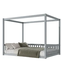 Streamdale Furniture Full Size Canopy Frame Rubber Wood Floor Bed with Fence,Guardrails