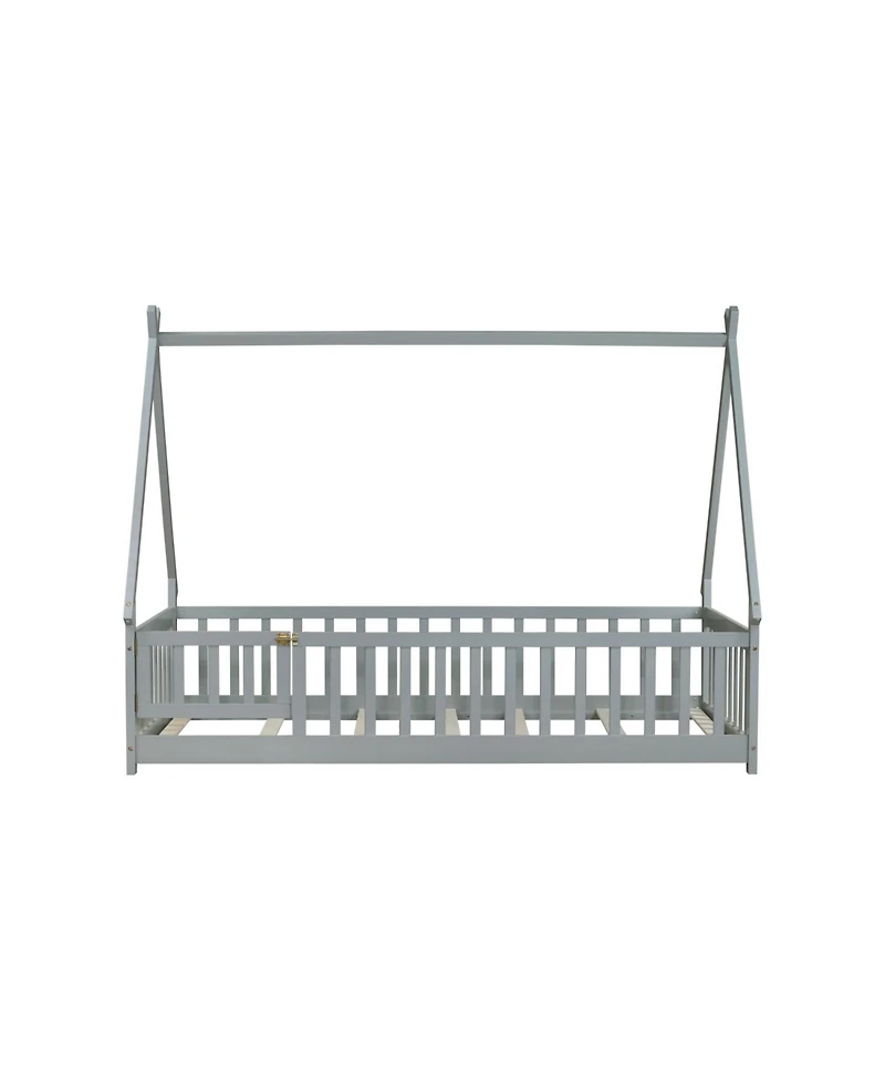 Streamdale Furniture Twin Tent-shaped Floor Bed,Teepee Bed with Guardrails,Slats and Door