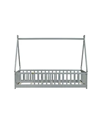 Streamdale Furniture Twin Tent-shaped Floor Bed,Teepee Bed with Guardrails,Slats and Door