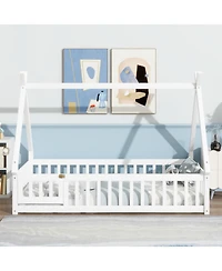 Streamdale Furniture Twin Tent-shaped Floor Bed,Teepee Bed with Guardrails,Slats and Door