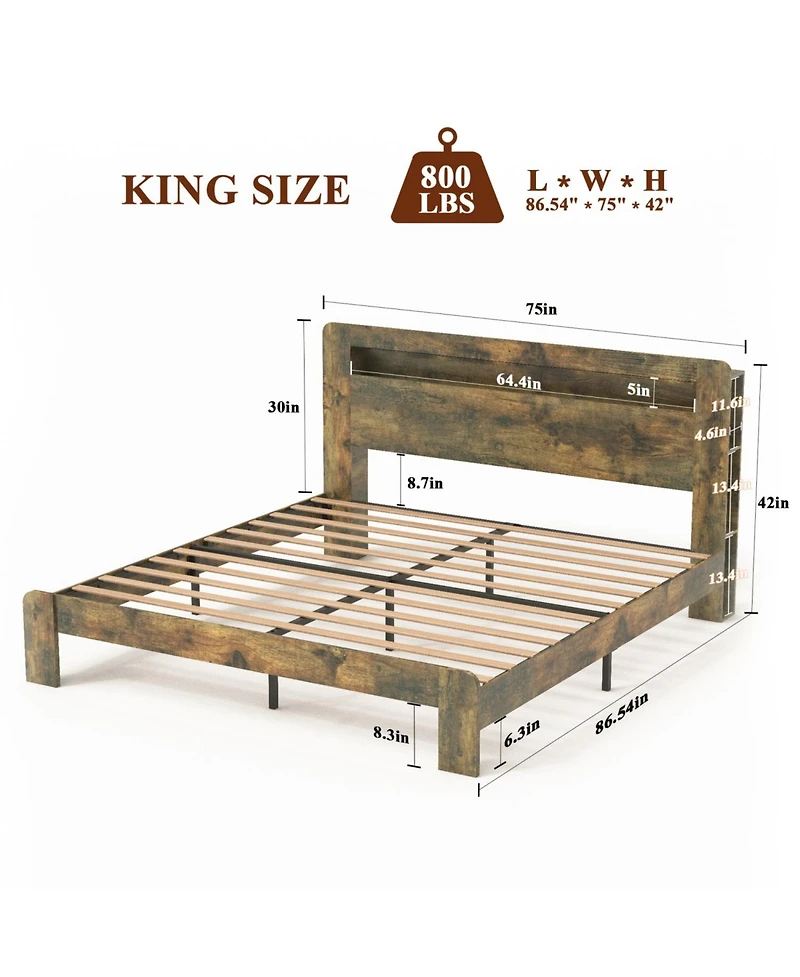 Streamdale Furniture King Wood Led Headboard Usb Storage Bed Frame