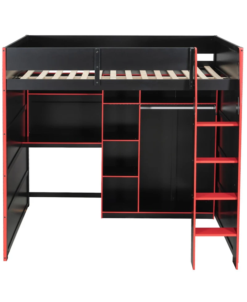 Streamdale Furniture Full Size Wood Loft Bed with Desk Wardrobe Storage & Rgb Lights Red