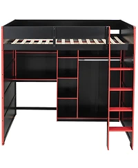 Streamdale Furniture Full Size Wood Loft Bed with Desk Wardrobe Storage & Rgb Lights Red