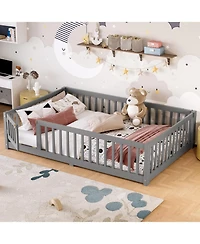 Streamdale Furniture Full Size Floor Bed with Guardrails and Door for Kids Gray