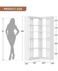 gaomon 5-Tier Farmhouse Corner Bookshelf, 72.8" L Shaped Wood Display Rack, White Half Panel, Living Room, Office