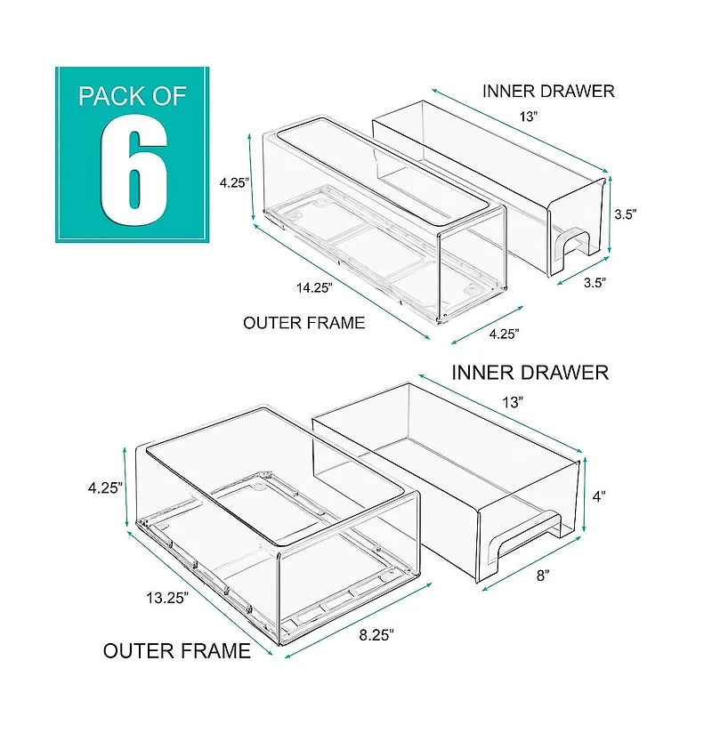 Sorbus 2 Medium & 4 Small Clear Stackable Pull-Out Refrigerator Drawers with Handles - for Kitchen, Freezer, Fridge, & More