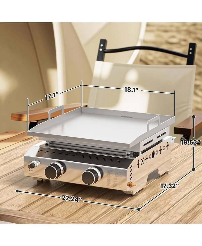 Cowsar Portable Propane Griddle, 16000BTU Tabletop Portable Propane Gas Grill with 2 Burners, Stainless Steel Flat Top Grill, Outdoor Cooking