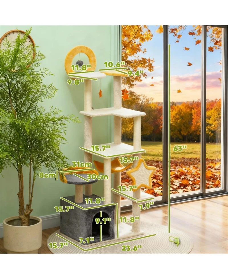 Aostirmotor 63" Moon & Star Themed Cat Tree with Condo, Scratching Posts & Cat Bed