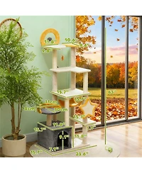 Aostirmotor 63" Moon & Star Themed Cat Tree with Condo, Scratching Posts & Cat Bed