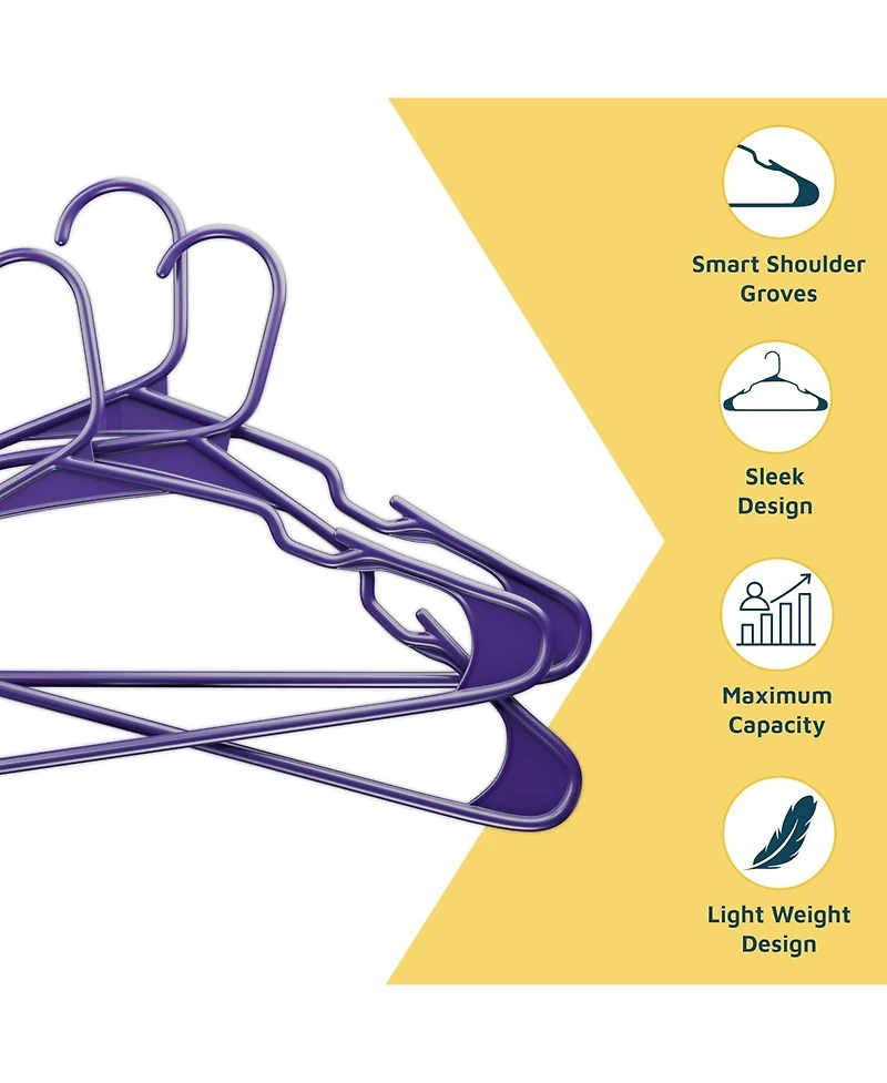 Lifemaster heavy-duty plastic hangers with non-slip grooves, space-saving design, and 5 lb capacity ideal for clothes $ dresses. Pack of 10, purple.