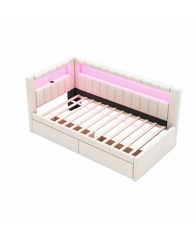 Lovmor Upholstered Twin Size Platform Bed with Usb Ports and Led Belt With 2 Drawers