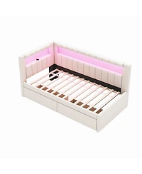 Lovmor Upholstered Twin Size Platform Bed with Usb Ports and Led Belt With 2 Drawers