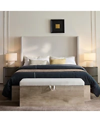 Lovmor Shelton Upholstered Wingback Bed Wood Base Modern Farmhouse Neutral Scandinavian Queen Textured Ivory Canvas Chenille