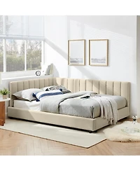 Lovmor Full Size Upholstered Tufted Bed Frame Sofa Bed Frame with Comfortable Backrest and Armrests Full Size Bed Velvet-Beige