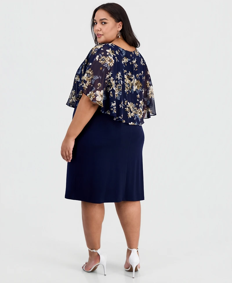Connected Plus Floral- Chiffon Cape-Overlay Dress