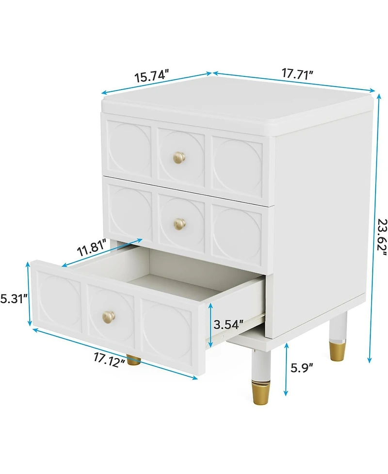 Tribesigns 3-Drawer Nightstand, White and Gold Nightstand