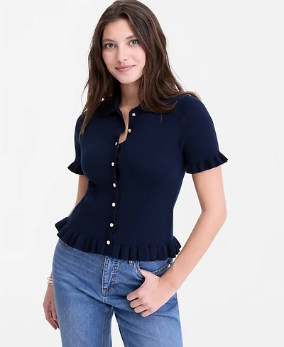 On 34th Women's Short-Sleeve Ruffle-Trim Collared Sweater, Macy's Exclusive