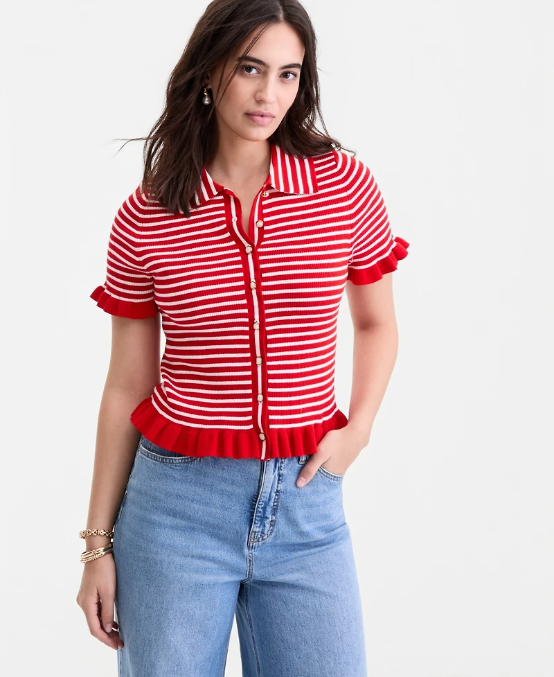 On 34th Women's Short-Sleeve Ruffle-Trim Collared Sweater, Macy's Exclusive