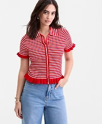 On 34th Women's Short-Sleeve Ruffle-Trim Collared Sweater, Macy's Exclusive