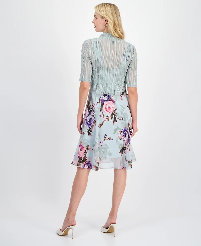 Connected Women's 2-Pc. Floral Chiffon Sleeveless Dress and Ruffle-Front Jacket