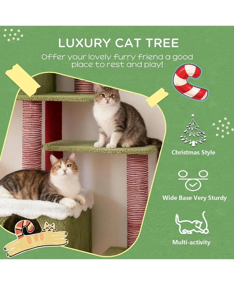 Aostirmotor Festive Cat Tree with Star & Snow Designs, Multi-Level Play & Cozy Cabins