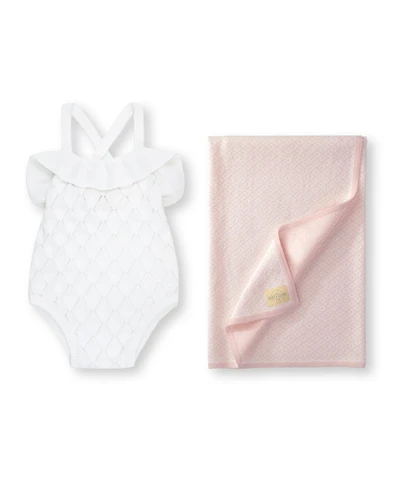 Hope & Henry Baby Girls Ruffle Sweater Romper Jacquard Blanket Gift Set