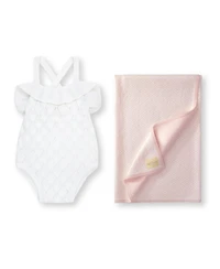 Hope & Henry Baby Girls Ruffle Sweater Romper Jacquard Blanket Gift Set